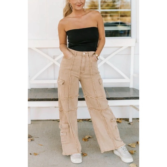 POL Reverse Seamed Relaxed Fit Straight Wide Leg Cargo Jeans in Coffee - Picture 10 of 13